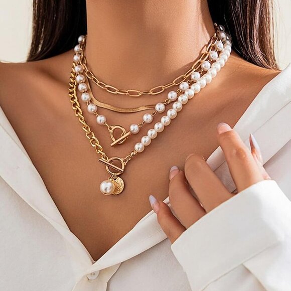 Gold Layered Necklace Set for Women Pearl Paperclip Chain Herringbone Jewelry - Picture 3 of 8